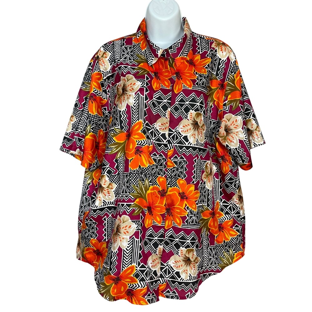 Vintage Hawaiian Blouse Colorful Funky Geometric Floral Women Plus Size 16 Top
